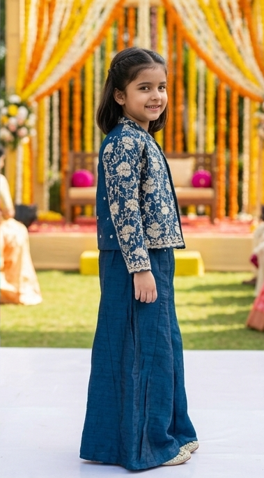 Girls Teal Blue Indo-Western Sharara Set with Embroidered Jacket | Olecuzi