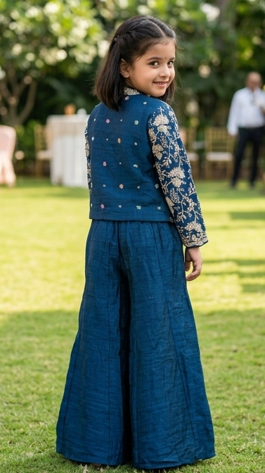 Girls Teal Blue Indo-Western Sharara Set with Embroidered Jacket | Olecuzi