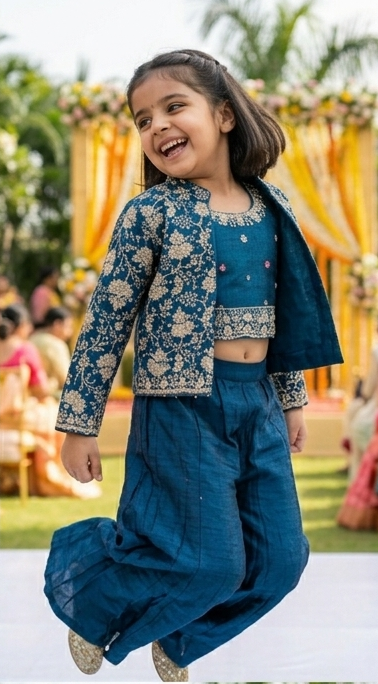 Girls Teal Blue Indo-Western Sharara Set with Embroidered Jacket | Olecuzi