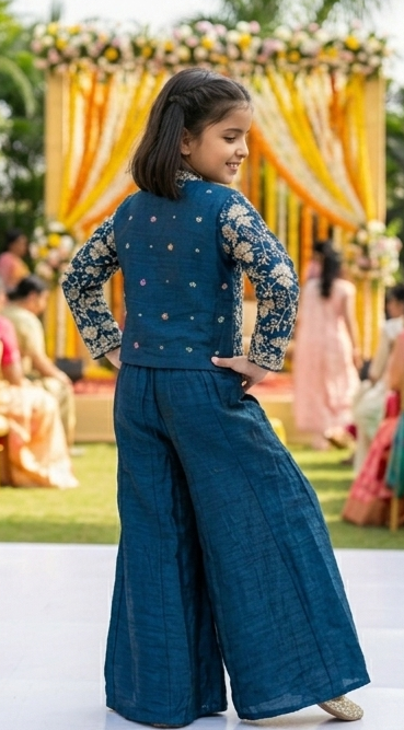 Girls Teal Blue Indo-Western Sharara Set with Embroidered Jacket | Olecuzi