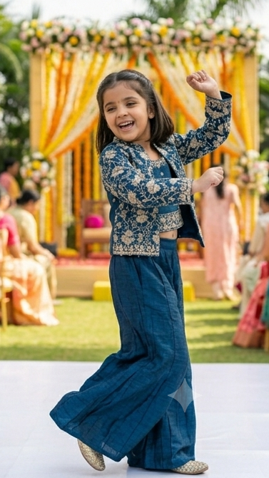 Girls Teal Blue Indo-Western Sharara Set with Embroidered Jacket | Olecuzi