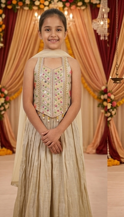 Olecuzi Girls Ethnic Embroidered Crop Top and Lehenga Set with Dupatta