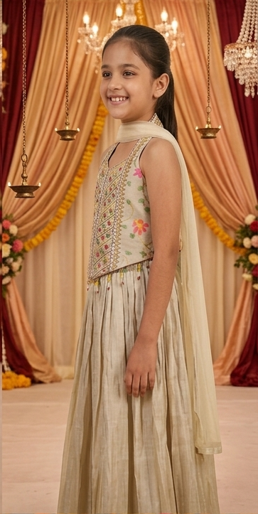 Olecuzi Girls Ethnic Embroidered Crop Top and Lehenga Set with Dupatta