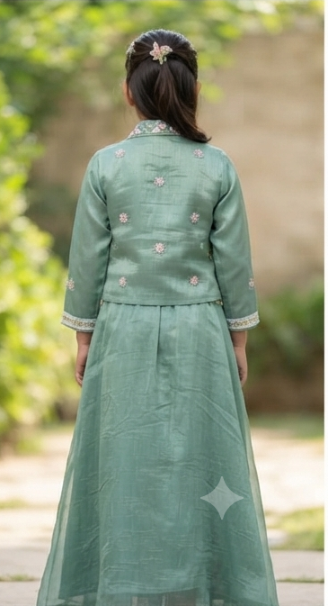 Olecuzi Girls Sage Green Embroidered Jacket & Drape Skirt Set
