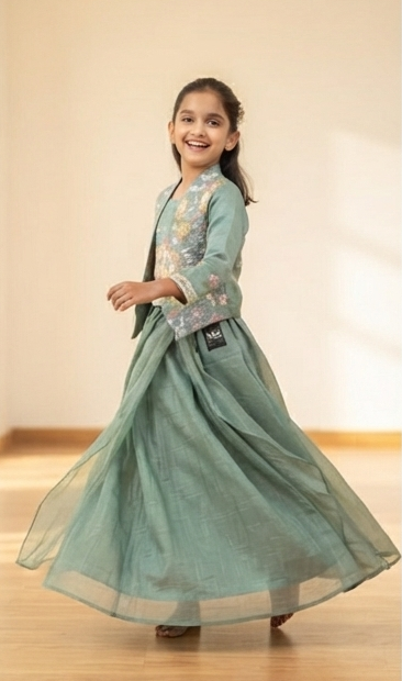 Olecuzi Girls Sage Green Embroidered Jacket & Drape Skirt Set