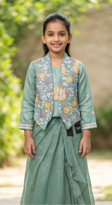 Olecuzi Girls Sage Green Embroidered Jacket & Drape Skirt Set