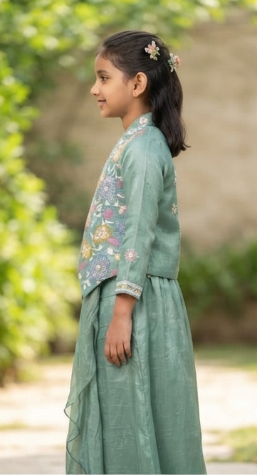 Olecuzi Girls Sage Green Embroidered Jacket & Drape Skirt Set