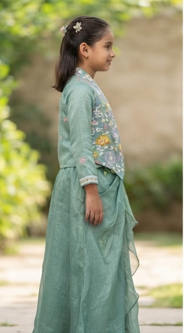 Olecuzi Girls Sage Green Embroidered Jacket & Drape Skirt Set