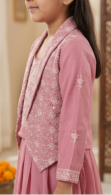 Girls Pink Embroidered Jacket Lehengha Set | Olecuzi