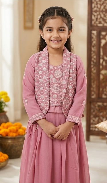 Girls Pink Embroidered Jacket Lehengha Set | Olecuzi