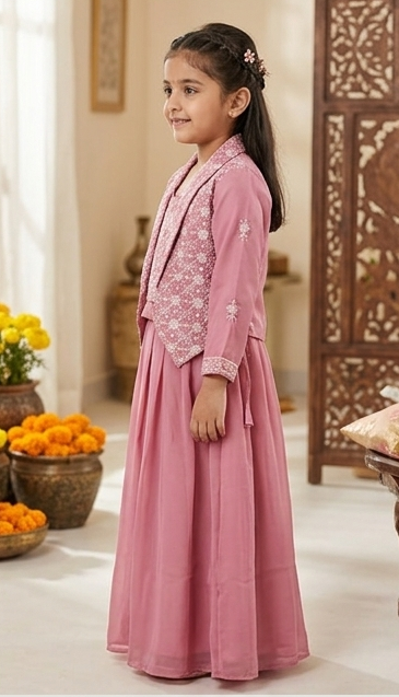 Girls Pink Embroidered Jacket Lehengha Set | Olecuzi