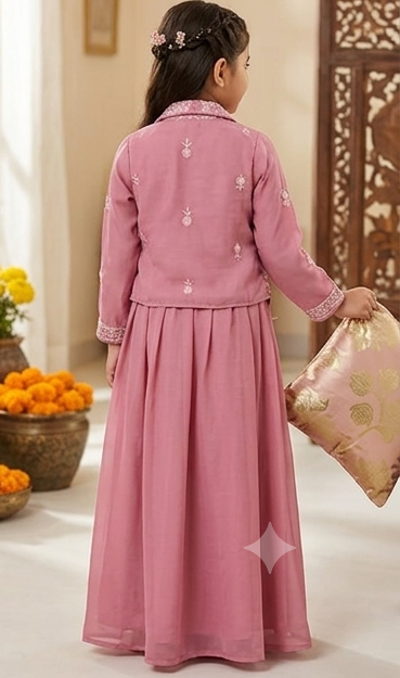 Girls Pink Embroidered Jacket Lehengha Set | Olecuzi