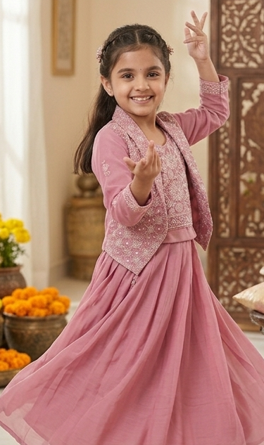 Girls Pink Embroidered Jacket Lehengha Set | Olecuzi