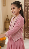 Girls Pink Embroidered Jacket Lehengha Set | Olecuzi