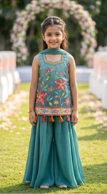 Girls Teal Blue Floral Embroidered Sharara Set with Dupatta – Olecuzi