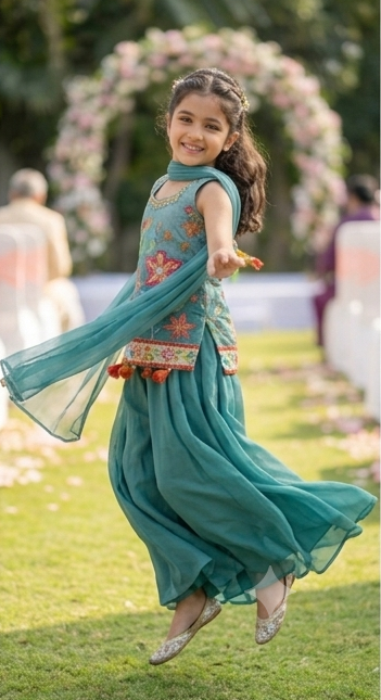 Girls Teal Blue Floral Embroidered Sharara Set with Dupatta – Olecuzi