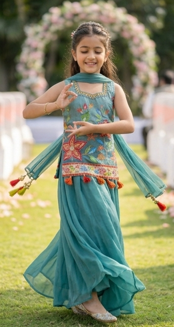 Girls Teal Blue Floral Embroidered Sharara Set with Dupatta – Olecuzi