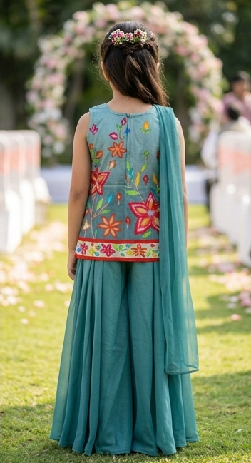 Girls Teal Blue Floral Embroidered Sharara Set with Dupatta – Olecuzi