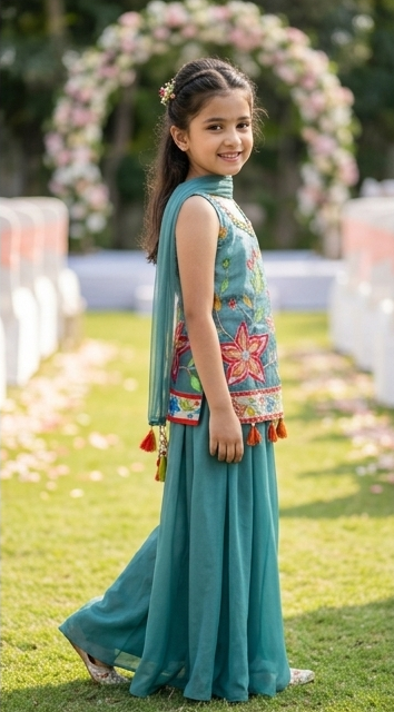 Girls Teal Blue Floral Embroidered Sharara Set with Dupatta – Olecuzi