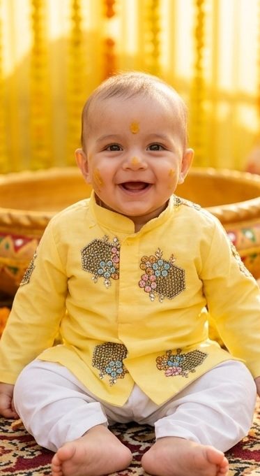 Baby Boys Sunshine Yellow Embellished Kurta Pyjama Set | Olecuzi