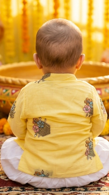 Baby Boys Sunshine Yellow Embellished Kurta Pyjama Set | Olecuzi
