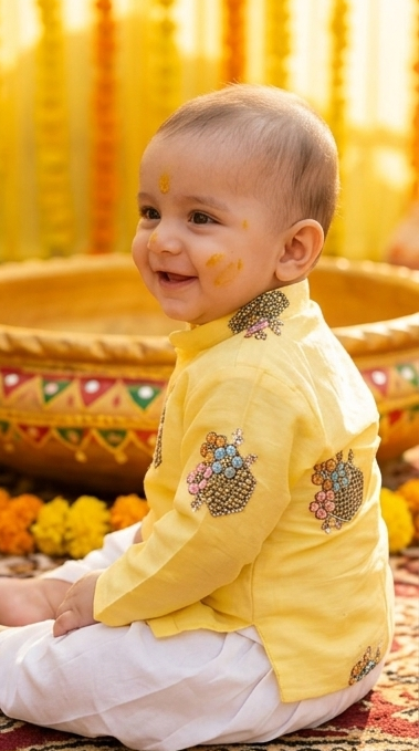 Baby Boys Sunshine Yellow Embellished Kurta Pyjama Set | Olecuzi
