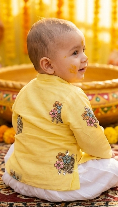 Baby Boys Sunshine Yellow Embellished Kurta Pyjama Set | Olecuzi
