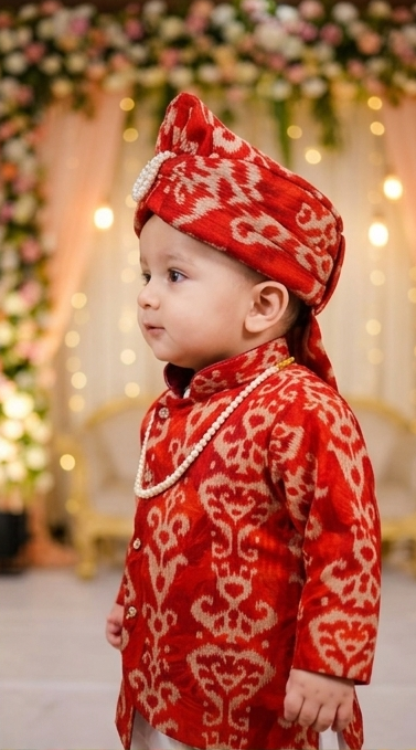 Baby Boys Vibrant Red Printed Kurta Dhoti Set with Turban | Olecuzi