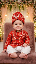 Baby Boys Vibrant Red Printed Kurta Dhoti Set with Turban | Olecuzi