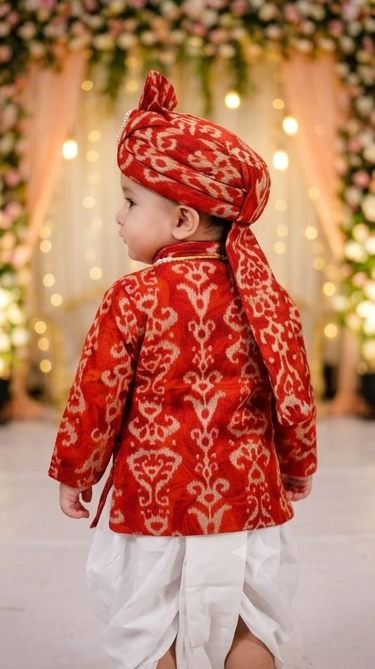Baby Boys Vibrant Red Printed Kurta Dhoti Set with Turban | Olecuzi