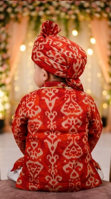Baby Boys Vibrant Red Printed Kurta Dhoti Set with Turban | Olecuzi