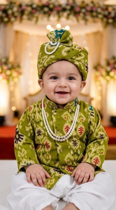 Baby Boys Olive Green Bandhani Kurta Dhoti Set with Turban | Olecuzi