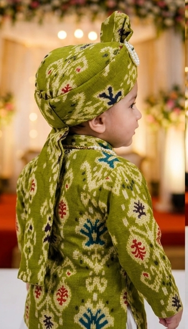 Baby Boys Olive Green Bandhani Kurta Dhoti Set with Turban | Olecuzi