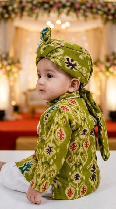 Baby Boys Olive Green Bandhani Kurta Dhoti Set with Turban | Olecuzi