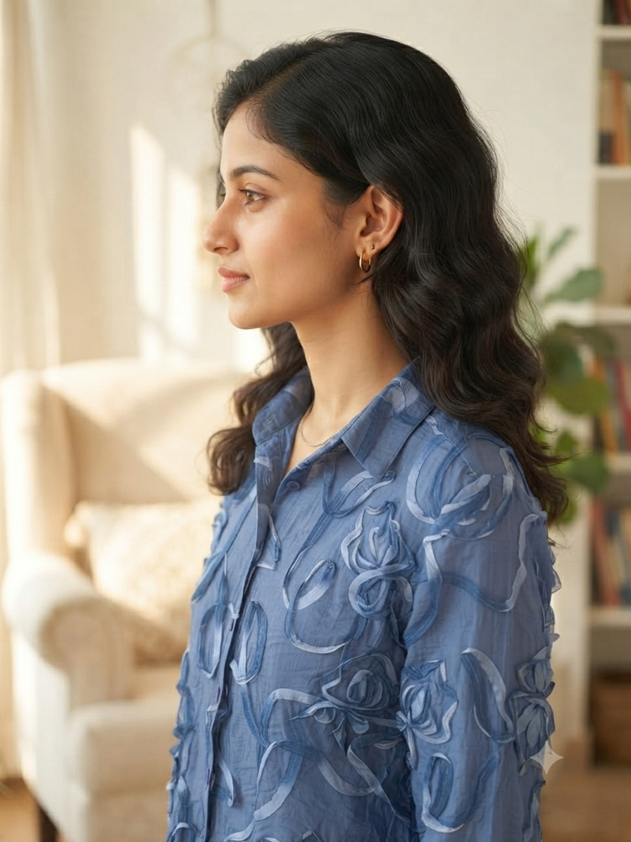 Olecuzi Blue Textured Floral Appliqué Button-Down Shirt