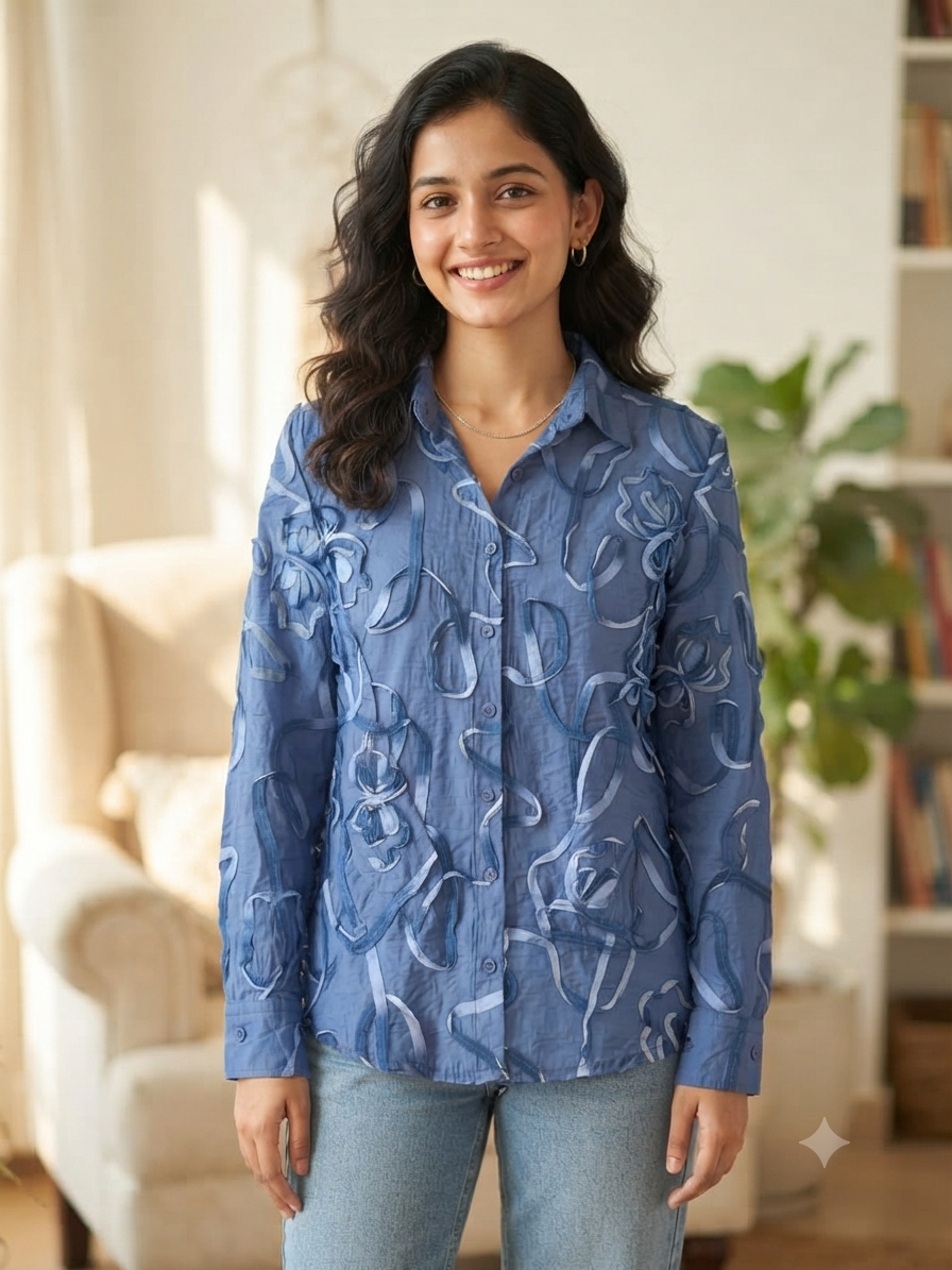 Olecuzi Blue Textured Floral Appliqué Button-Down Shirt