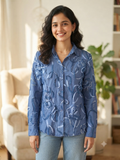 Olecuzi Blue Textured Floral Appliqué Button-Down Shirt