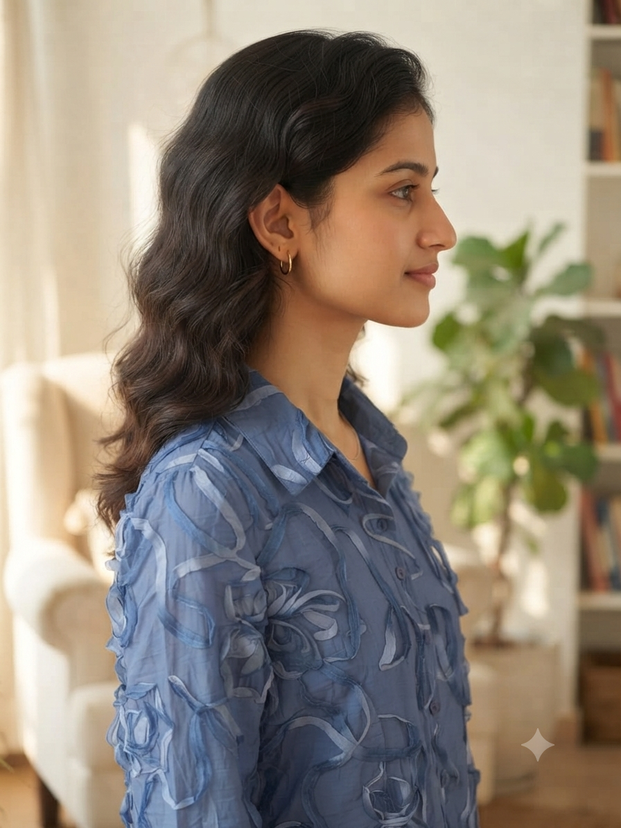 Olecuzi Blue Textured Floral Appliqué Button-Down Shirt