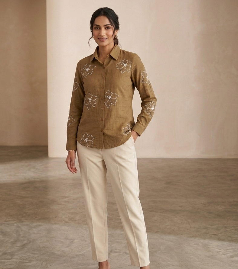 Earthy Brown Floral Embroidered Linen-Blend Shirt | Chic Casual Top