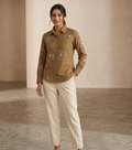 Earthy Brown Floral Embroidered Linen-Blend Shirt | Chic Casual Top