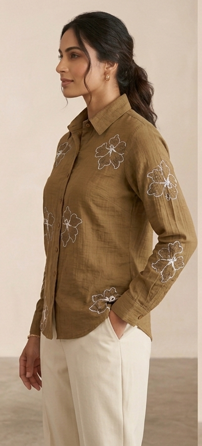 Earthy Brown Floral Embroidered Linen-Blend Shirt | Chic Casual Top