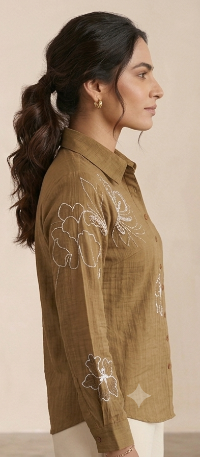 Earthy Brown Floral Embroidered Linen-Blend Shirt | Chic Casual Top