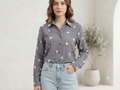 Women's Grey Embroidered Long-Sleeve Shirt with Floral Appliques