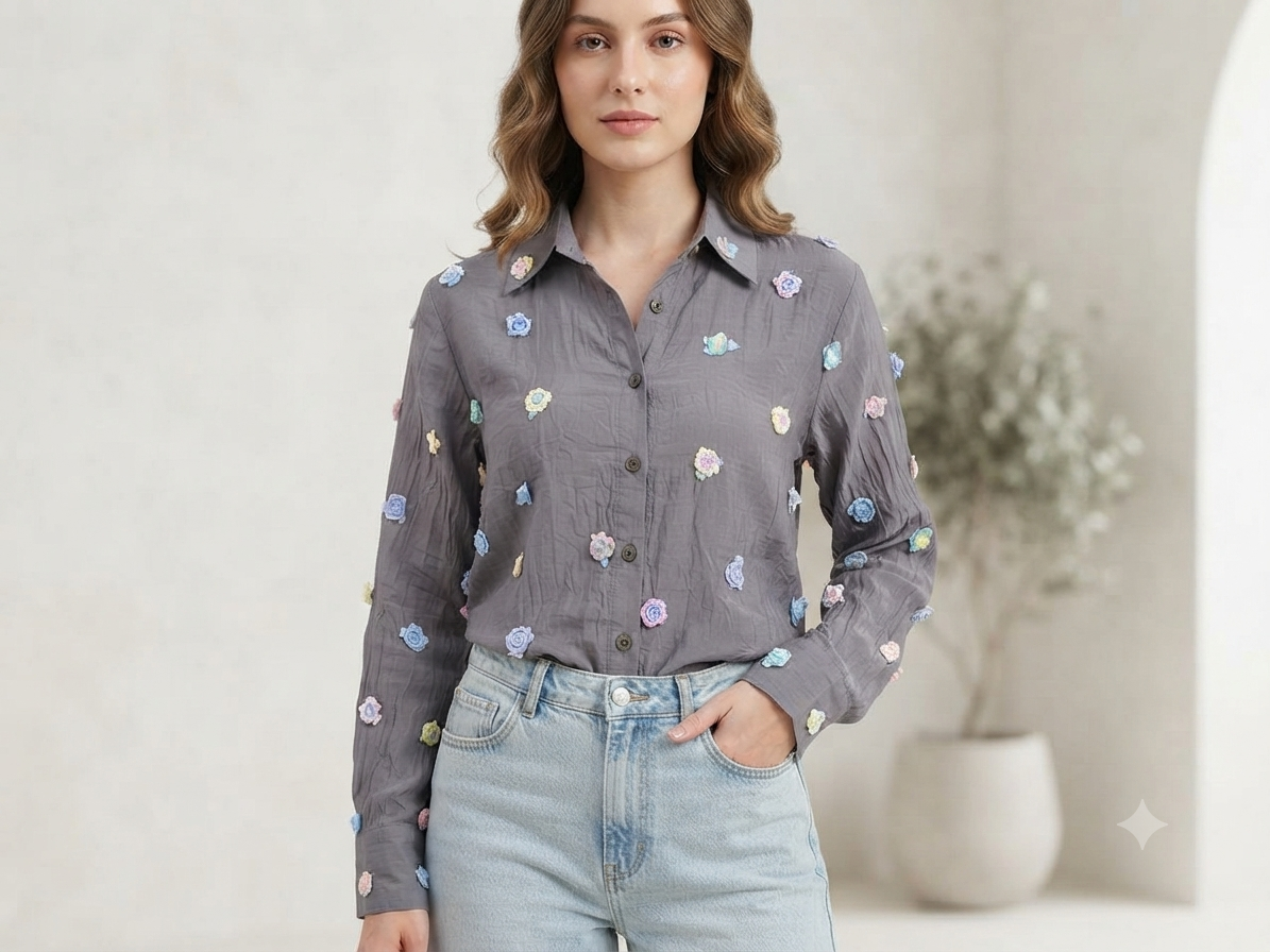 Women's Grey Embroidered Long-Sleeve Shirt with Floral Appliques