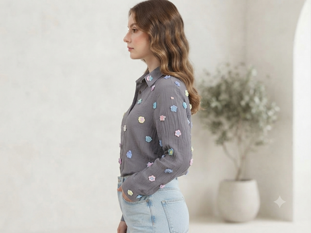 Women's Grey Embroidered Long-Sleeve Shirt with Floral Appliques