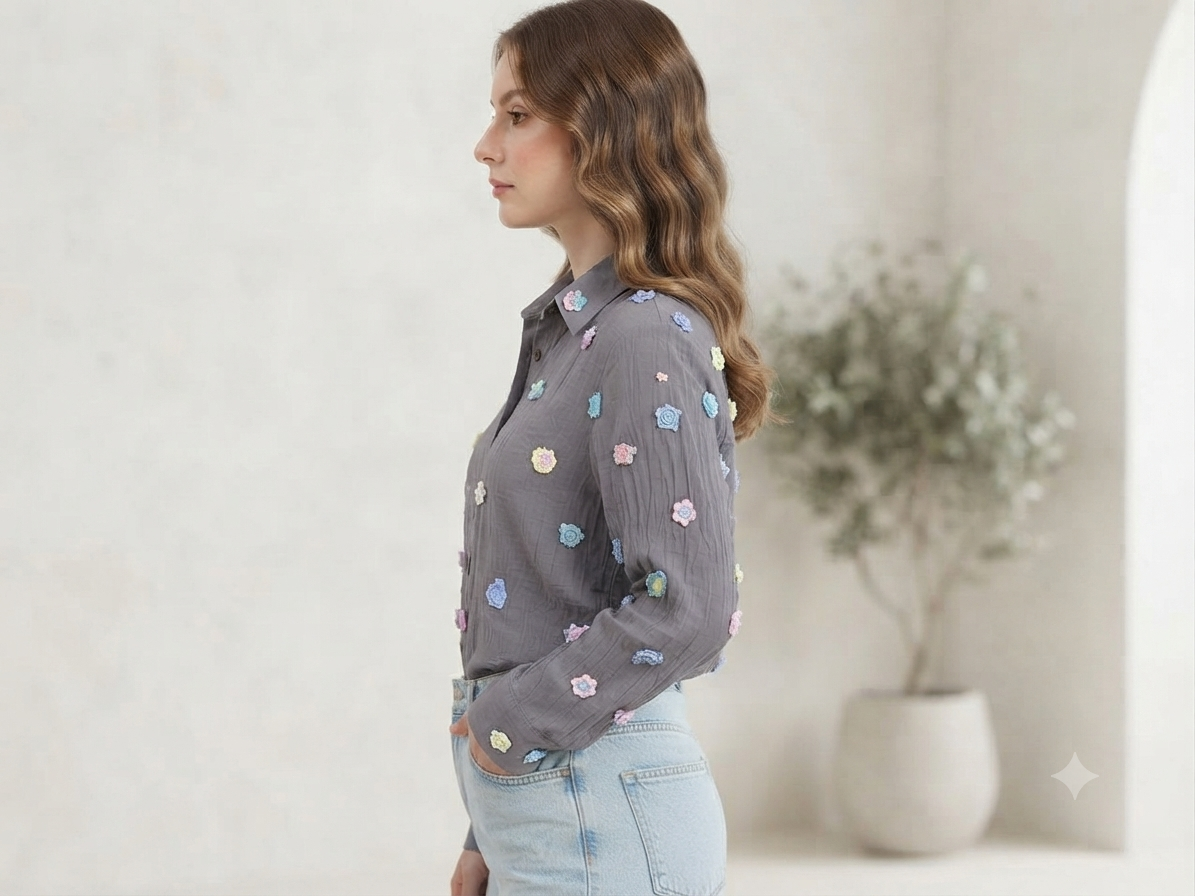 Women's Grey Embroidered Long-Sleeve Shirt with Floral Appliques