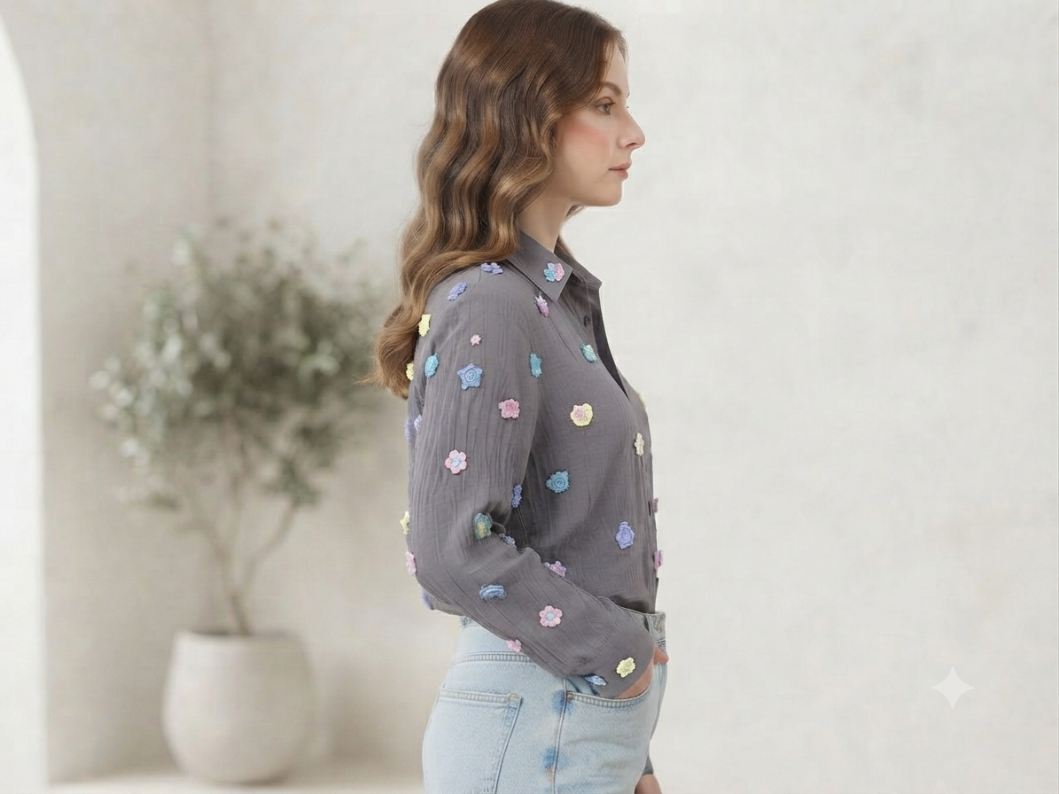 Women's Grey Embroidered Long-Sleeve Shirt with Floral Appliques