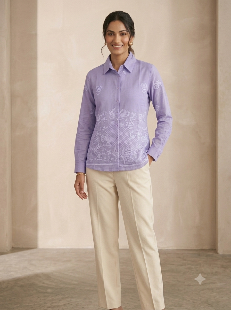 Lavender Floral Embroidered Linen-Blend Shirt | Chic Pastel Top