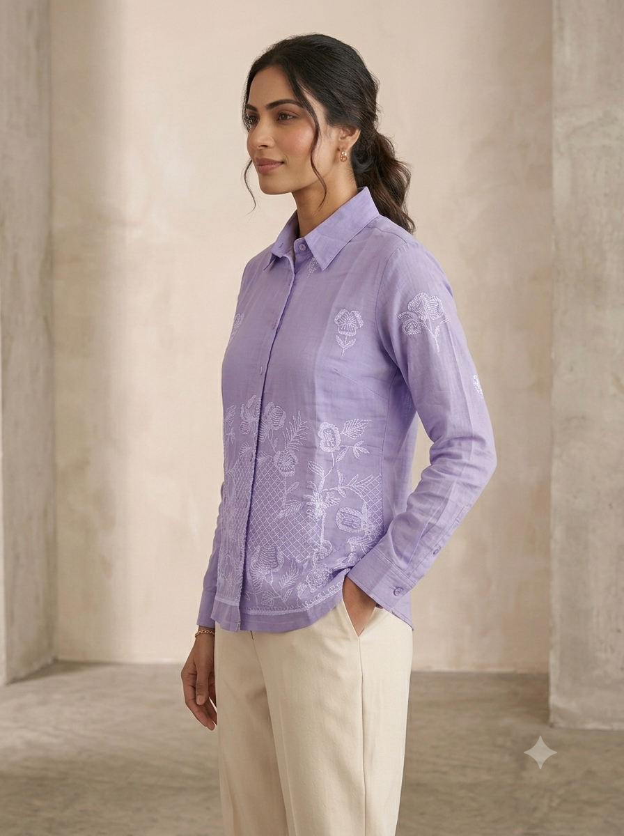 Lavender Floral Embroidered Linen-Blend Shirt | Chic Pastel Top