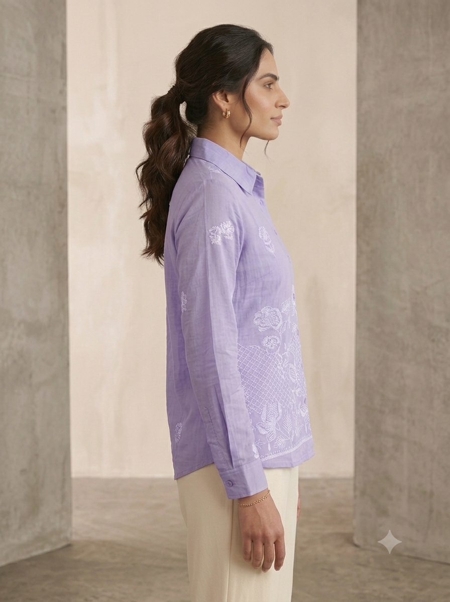 Lavender Floral Embroidered Linen-Blend Shirt | Chic Pastel Top